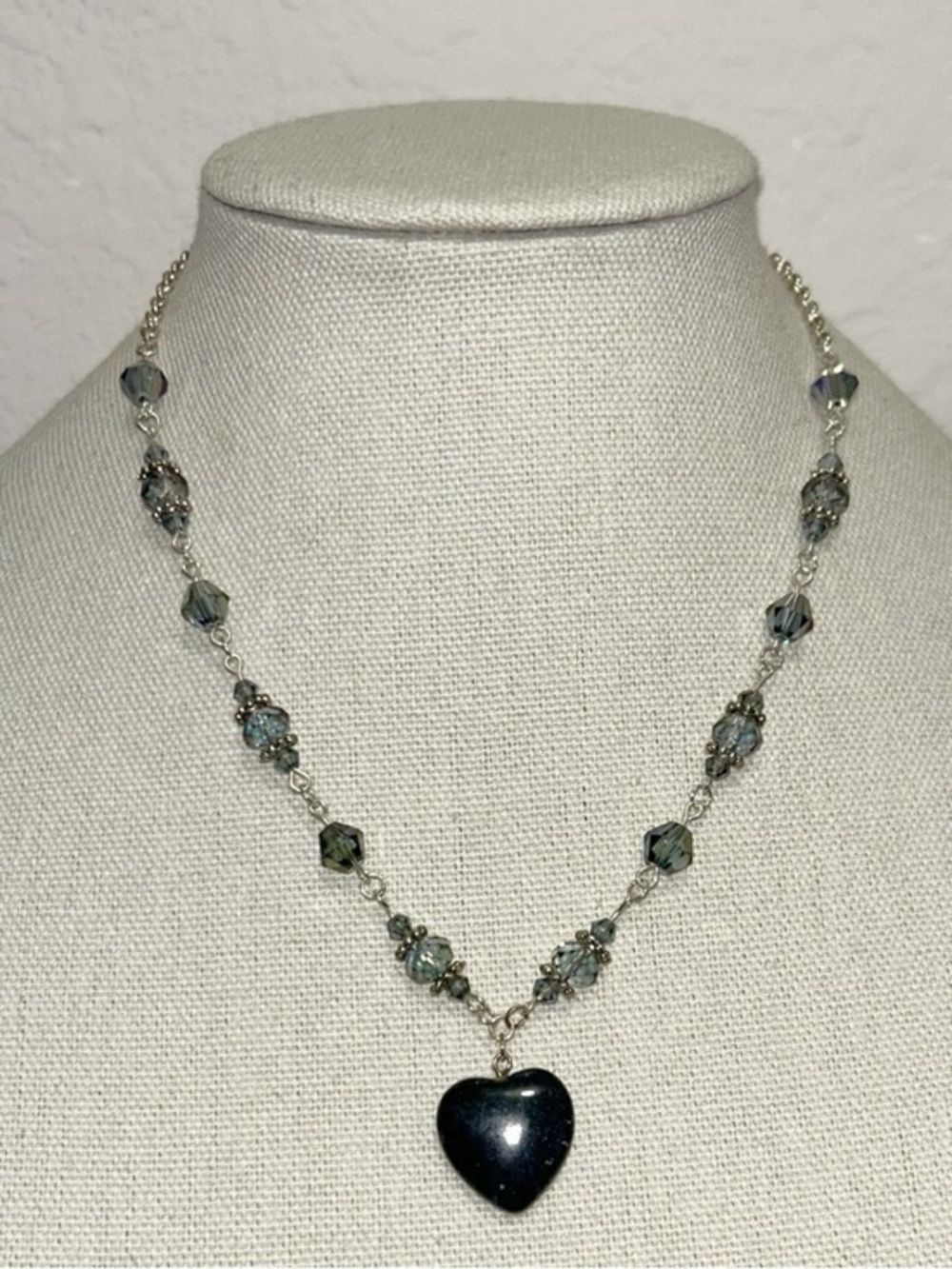 Handmade Silver Iridescent Beaded Necklace with Deep Blue Pendant